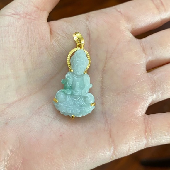 14k Gold Quan Kwan Yin Buddha Natural Jade Pendant